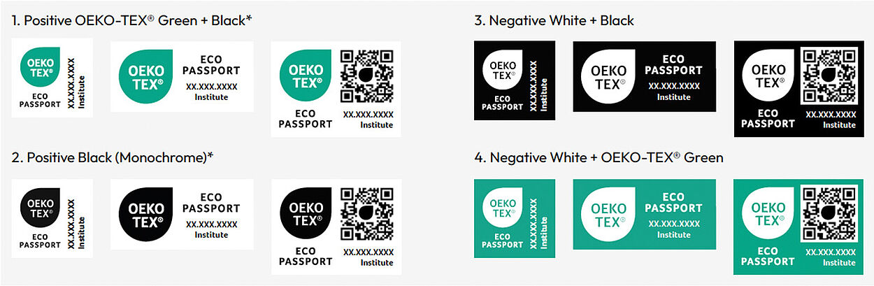 Color Variants for OEKO-TEX® ECO PASSPORT Labels OEKO-TEX® labels shown in 3 different layouts for all 4 color variations