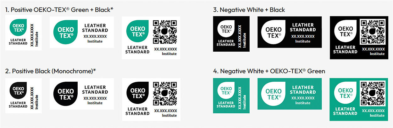 Color Variants for OEKO-TEX® LEATHER STANDARD Labels OEKO-TEX® labels shown in 3 different layouts for all 4 color variations