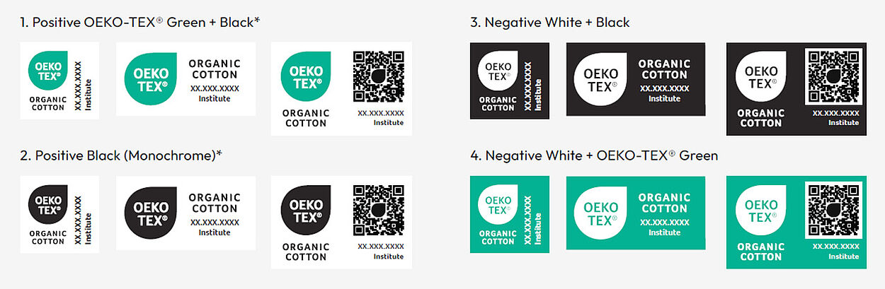 Color Variants for OEKO-TEX® STANDARD 100 Labels OEKO-TEX® labels shown in 3 different layouts for all 4 color variations