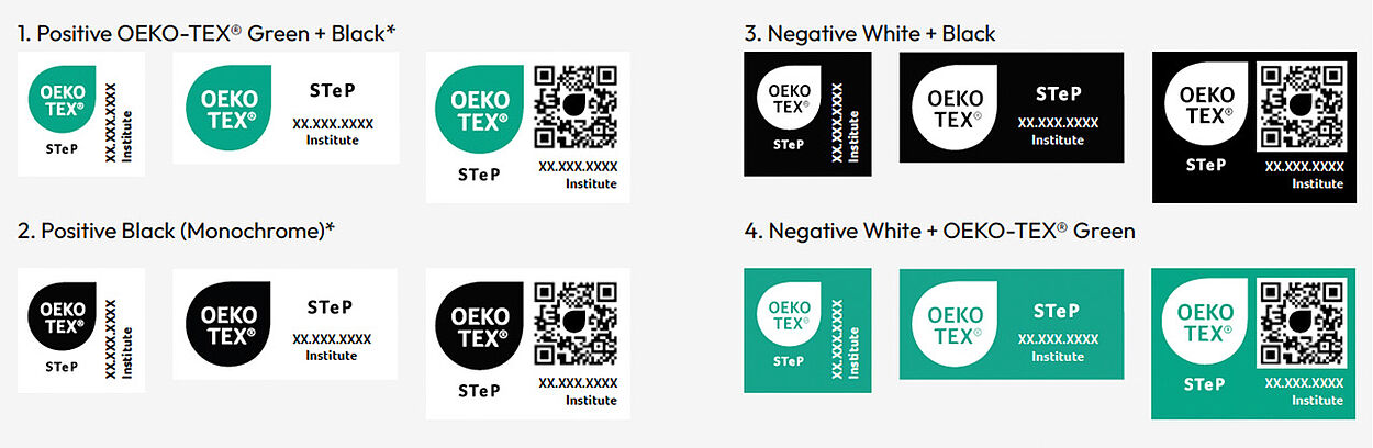 Color Variants for OEKO-TEX® STeP Labels OEKO-TEX® labels shown in 3 different layouts for all 4 color variations