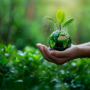 Sustainability Regulations Green globe with wet leaves in palm of hand